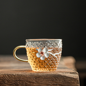 旧望格锡制梅花玻璃茶杯耐热锤纹泡茶品茗杯子茶具配件茶碗龙鳞杯