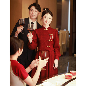 新中式旗袍敬酒服新娘红色两件套2024新款回门连衣裙套装订婚礼服