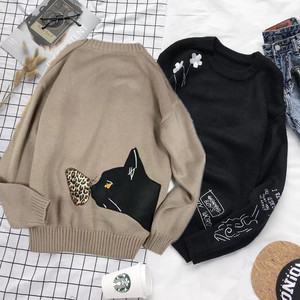 2018新款春季男学生帅气修身韩版潮流个性印花动物猫咪图案毛衣服