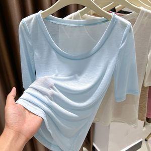 浅蓝色短袖T恤女夏季正肩薄款微透大圆领上衣内搭打底衫2024新款
