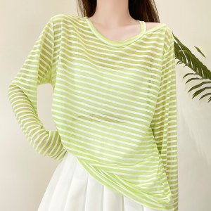 糖果色t恤女夏长袖薄上衣宽松长款防晒冰丝罩衫绿色条纹漏肩打底