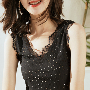 镶钻吊带背心女夏外穿v领蕾丝花边烫钻无袖内搭水钻带钻紧身上衣