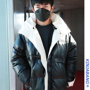 易烊千玺同款2020秋冬新款正反两面pu羽绒服夹克棉衣连帽外套衣服