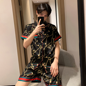 an&lv/岸绿夏款冰丝睡衣男短裤短袖夏季男士薄款男款丝绸大码宽松