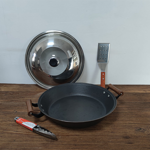 老式生煎锅商用平底锅家用铸铁锅烙饼煎包煎饼双耳平锅煎盘生铁锅