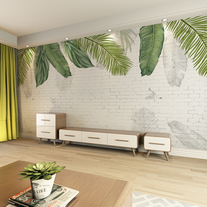 北欧清新壁纸热带植物叶子砖墙电视背景墙纸手绘水彩树叶8d壁画