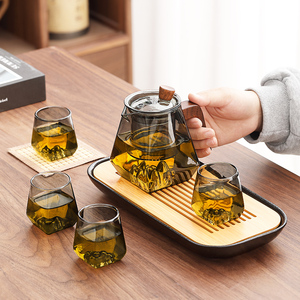 玻璃功夫茶具套装2024家用轻奢茶水分离泡茶壶创意茶杯竹面小茶盘