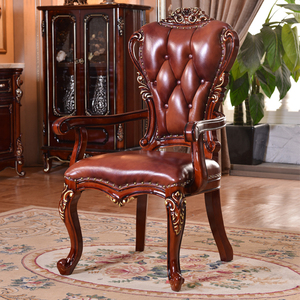 欧式餐椅皮椅全实木双面雕花带扶手真皮椅酒店餐桌靠背美式新古典