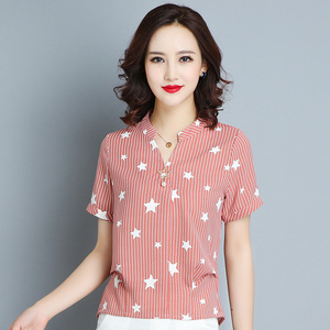 雪纺短袖女夏装上衣妈妈夏天衣服40岁2018新款显瘦半高领条纹t恤
