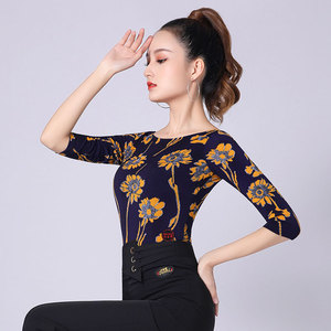 吉特巴舞上衣中袖一字肩连体显瘦广场舞跳舞衣服春季恰恰舞蹈服装