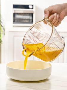 玻璃打蛋杯带挡板过滤网刻度的鸡蛋液量杯计量水杯淘米碗厨房烘焙