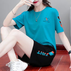 纯棉休闲运动服套装女夏季2022年新款时尚洋气跑步短裤短袖两件套