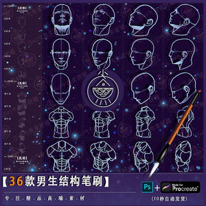 b99ps笔刷procreate笔刷男生动漫人体头像多角度姿势结构线稿