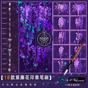 「紫藤花」ps笔刷procreate笔刷 水墨水彩手绘紫藤蔓花藤植物鲜花