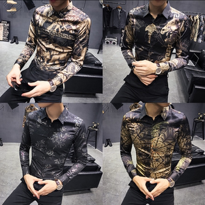 秋季长袖花衬衫男韩版修身美发师服装潮流发型师个性碎花夜场男装