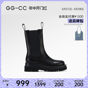 【暗夜星辰】GGCC冬季新款粗跟厚底真皮中筒靴切尔西靴女短靴