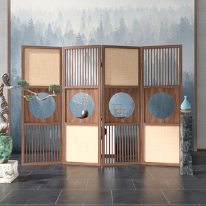 新中式古典实木屏风隔断装饰玄关客厅水墨竹子徽派建筑移动折叠屏