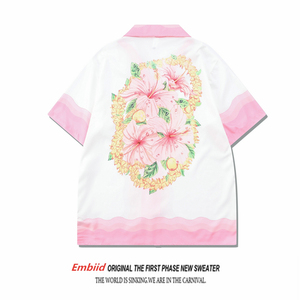王一博同款粉色花纹拼色短袖花卉印花衬衫男女休闲这就是街舞衬衣