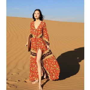 新疆旅游连衣裙长裙夏青海茶卡盐湖西藏海边沙漠草原度假沙滩红裙