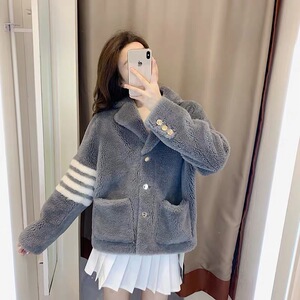 thom browne 秋冬tb羊羔毛女士宽松加厚直筒毛呢大衣外套