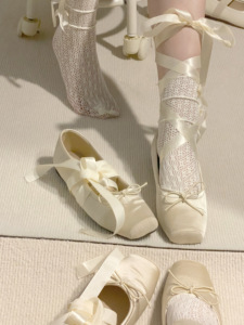 芭蕾舞式鞋单鞋女秋季绑带平底鞋气质名媛外穿方头玛丽珍鞋伴娘鞋