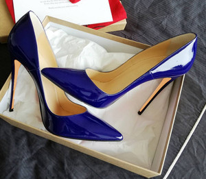 欧美风格宝蓝色漆皮尖头细跟高跟鞋性感浅口软皮女单鞋10cm网红