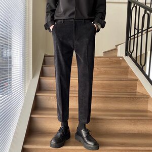 灯芯绒直筒西裤男士韩版修身烟管裤秋冬痞帅黑色九分裤子休闲百搭