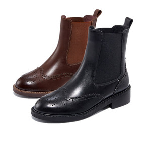 哈森中跟短靴2021秋冬款方跟圆头百搭烟筒靴真皮短筒女靴ha10632