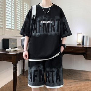 美式高街短袖T恤男短裤休闲套装男夏季青少年假两件穿搭配一整套