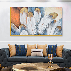 油画手绘北欧轻奢横幅客厅沙发背景墙装饰画金丝羽毛美式餐厅挂画