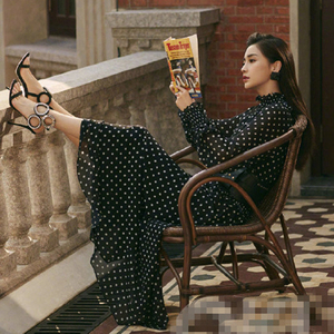 杨颖angelbaby明星同款黑色复古波点雪纺收腰长袖长款连衣裙22春