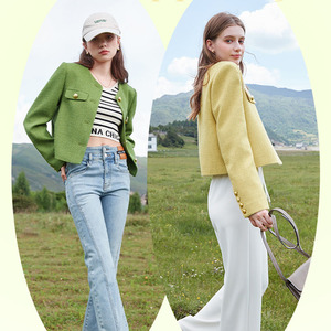 拉夏贝尔pote秋新款小香风外套高级感长袖垫肩上衣开衫短款夹克女