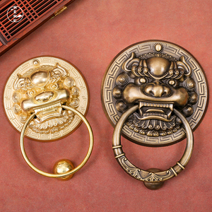中式仿古纯铜大门兽头门环黄铜狮子头虎头麒麟拉手把手复古铜拉环