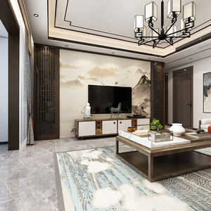 电视背景墙瓷砖新中式大理石微晶石实木花格大气客厅轻奢岩板2021