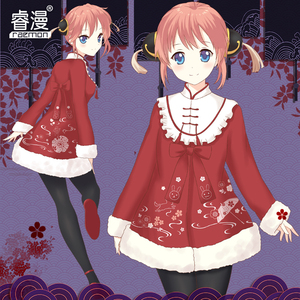 睿漫 银魂神乐中国风毛呢大衣冬羊羔绒外套二次元刺绣女装衣服