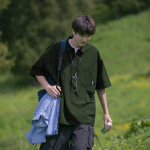 墨绿色山系工装t恤夏季polo美式半拉链短袖男日系cityboy半袖大码