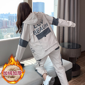 运动服套装女春秋冬季2020新款加绒加厚工装时尚休闲中学生两件套