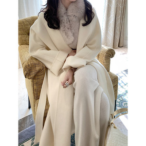 系带羊绒毛呢外套中长款白色双面呢大衣女2021秋冬新款赫本风羊毛