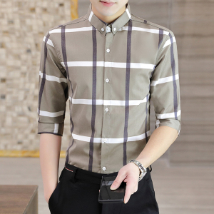 短袖衬衫男薄款夏季青年休闲格子五分袖衬衣韩版修身小衫成熟稳重