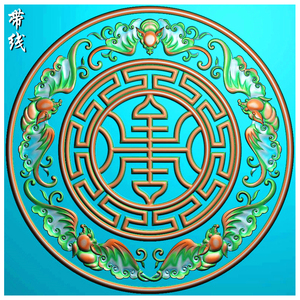 精雕图灰度图浮雕图木雕背板圆形五福捧寿蝙蝠寿字挂匾挂屏