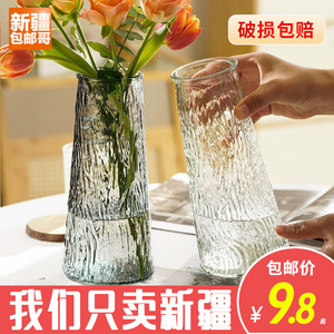 新疆包邮哥浮雕玻璃花瓶北欧透明水养富贵竹鲜花客厅干花插花摆件