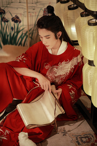 清欢纪汉服男款原创设计凤求凰中国风重工刺绣红色宋圆领袍男婚服