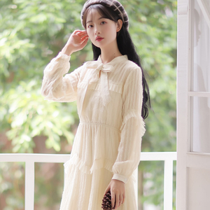 韩国女装2022春秋新款气质复古蕾丝连衣裙超仙蝴蝶结打底内搭长裙