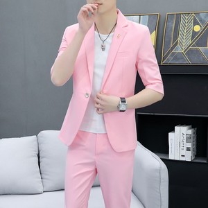 粉色中袖小西装男士套装夏季薄款韩版个性潮流帅气七分袖西服外套