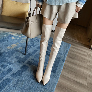 白色高跟靴女细跟过膝