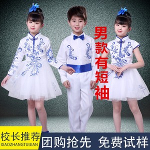 中国风青花瓷儿童演出蓬蓬裙古筝表演诗歌朗诵中小学生大合唱服装
