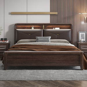 胡桃木实木床现代简约主卧1.8米2米轻奢真皮软包收纳储物中式婚床