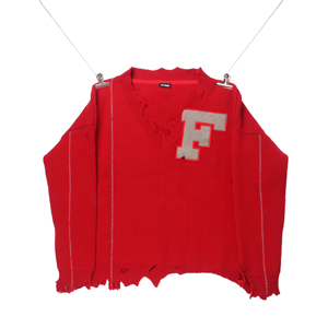 17秋冬新款做旧羊毛破洞oversize f字母大红毛衣宽松上衣