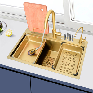 金色多功能水槽大单槽纳米304不锈钢厨房洗菜盆带刀架家用洗碗池