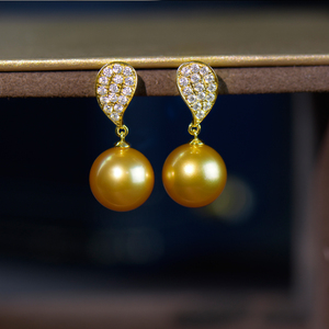 大牌m家同款天然浓金色南洋金珠耳钉菲律宾海水金珍珠耳饰耳环